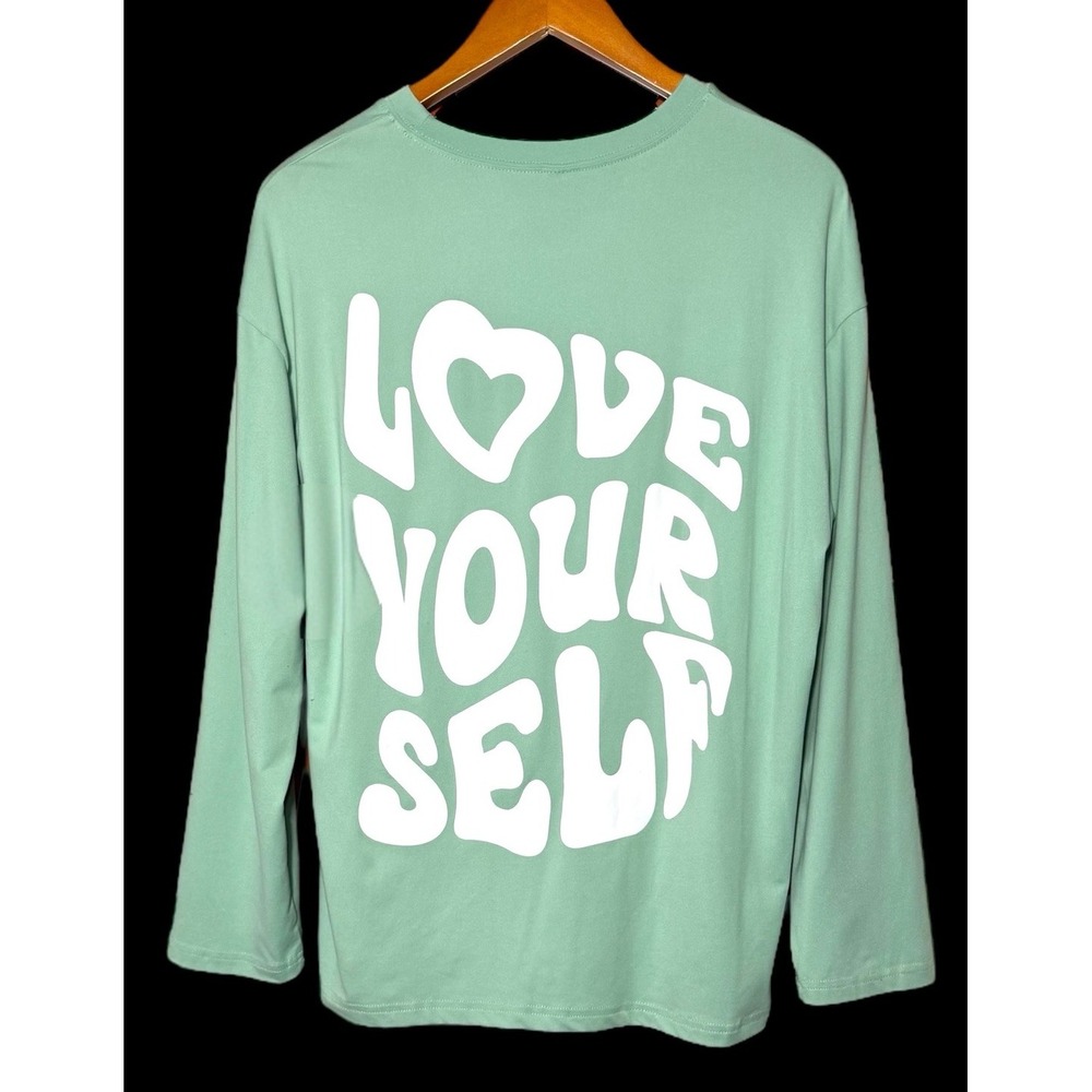 SHEIN Women Long Sleeve Light Green Shirt "Love Your Self" Print Stretch Size XS
